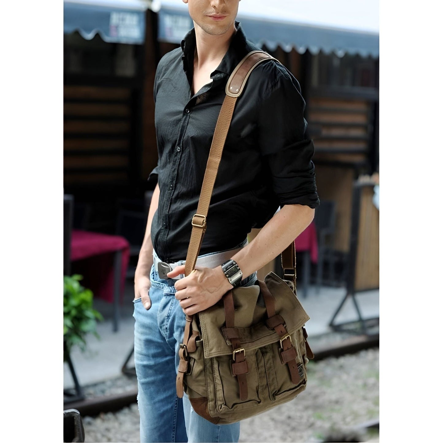 Seliore – Men’s Vintage Canvas Messenger Bag with PU Leather Accents